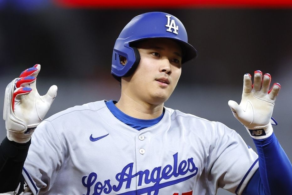 在对勇士队的比赛中，大谷翔平击出包括第8号全垒打在内的3支安打。（C）Getty Images（THE DIGEST）